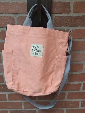 Peach Canvas Crossbody Tote with Gray Strap
